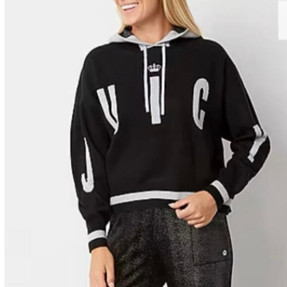 Juicy Couture Spell Out Hooded Sweater Women’s Sz L Black Gray Trim Street Wear - Picture 2 of 8